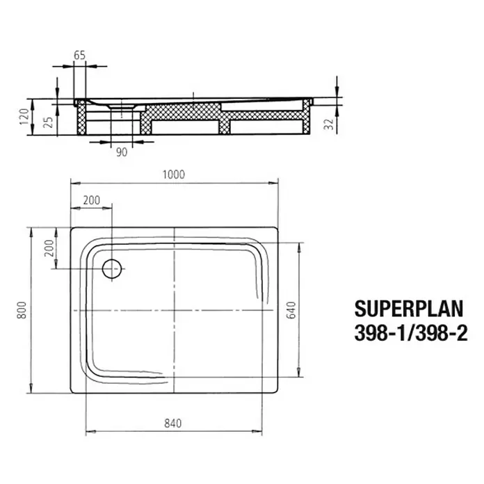 Kaldewei Duschwanne Superplan 398-1 - L x B: 100 x 80 cm, Stahl, Weiß - Skizze