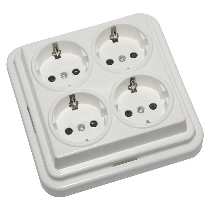 Fontini Kristal Enchufe cuádruple - Blanco, 2 Polos + Toma Tierra, Plástico, En pared