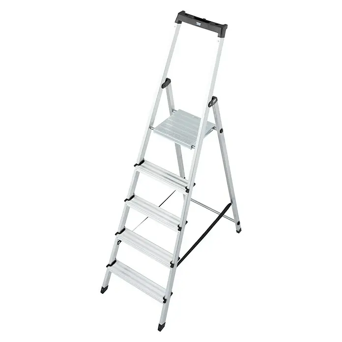 Krause Monto Escalera de tijera polivalente - Altura de trabajo: 3,05 m, 5 escalones, Aluminio, Gancho para cubo - Vista de perfil izquierdo