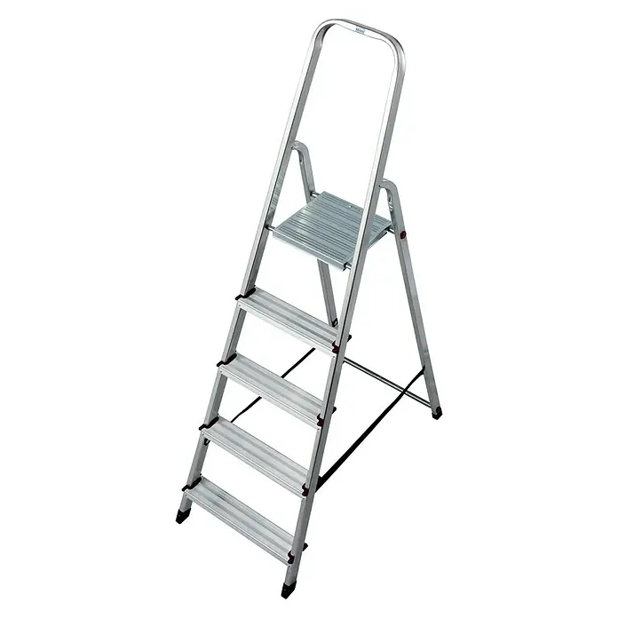 Krause Corda Stufenstehleiter - Arbeitshöhe: 3 m, Anzahl Tritte: 5 Stufen, Tiefe Stufen: 80 mm, Aluminium - Linke Seitenansicht