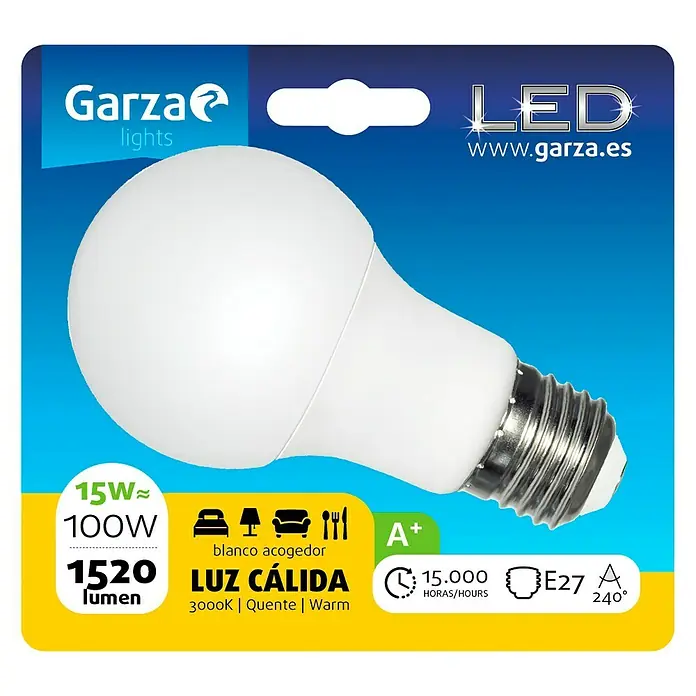 Garza Bombilla LED - 15 W, E27, Blanco cálido, 1.520 lm