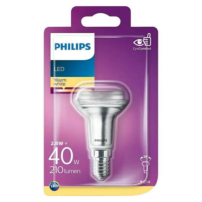 Philips Bombilla reflectora LED - 2,5 W, E14, 36 °, Color de luz: Blanco cálido