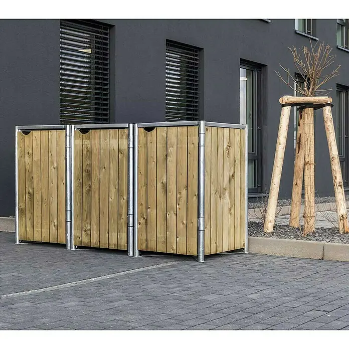 Hide Mülltonnenbox - 80,7 x 209,1 x 115,2 cm, Passend für: 3 Mülltonnen 180 - 240 l, Holz, Natur - Stimmungsaufnahme