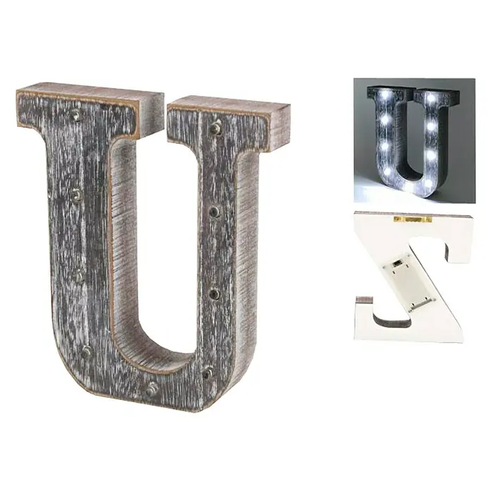 Letra LED de madera - U, Marrón oscuro, Color de luz: Blanco neutro