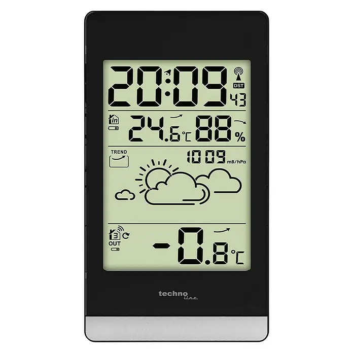 Technoline Meteorološko računalo WS 9132 - Digitalni zaslon, Na baterijski pogon, Crne boje, 4 x 2,7 x 10,4 cm - Pogled sprijeda