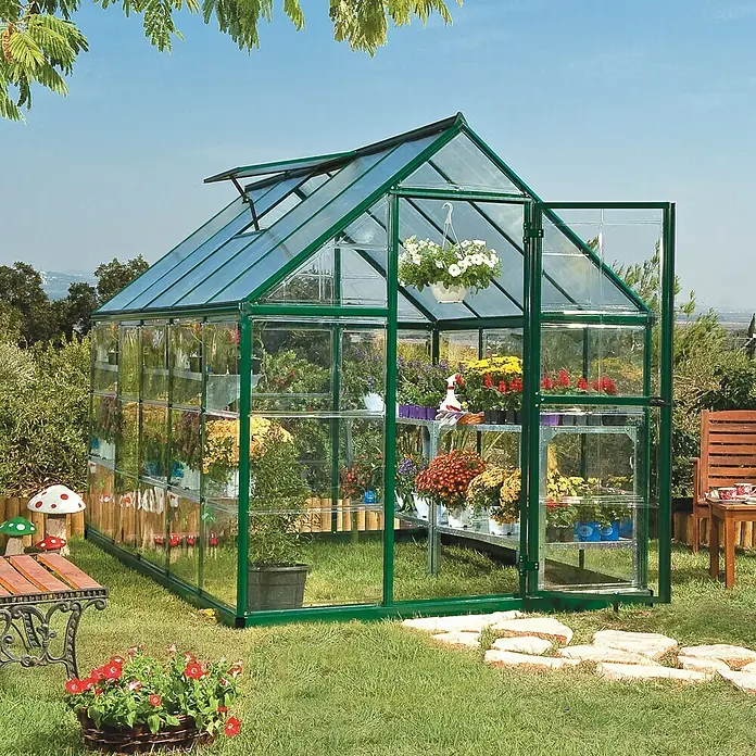 Palram – Canopia Gewächshaus Hybrid - 3,06 x 1,85 x 2,08 m, Polycarbonat, Glasstärke Seitenwände: 0,75 mm, Grün - Vorderansicht