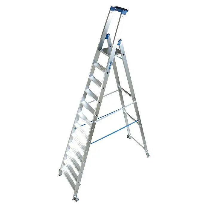 Krause Stabilo Stufenstehleiter Fahrbar - Arbeitshöhe: 4,8 m, Anzahl Tritte: 12 Stufen, Tiefe Stufen: 80 mm, Aluminium, Fahrbar - Linke Seitenansicht