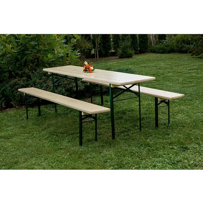Bierzeltgarnitur - 3 -tlg., L x B x H: 220 x 50 x 75 cm, Natur, Grün