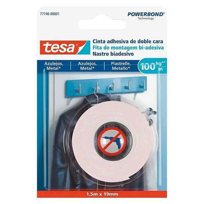Tesa Powerbond Cinta de doble cara Azulejos/Metal - L x An: 1,5 m x 1,9 cm, Blanco