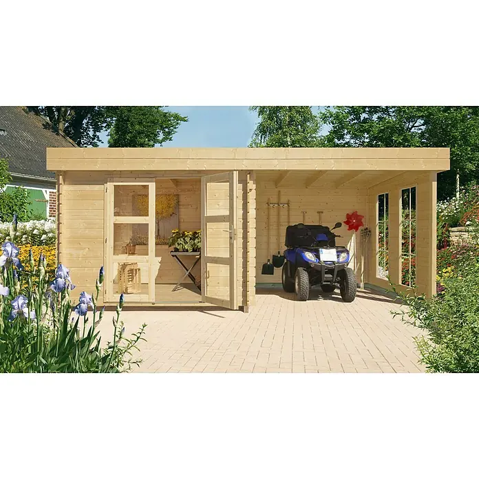 Caseta de madera Esbjerg 483 - 3 x 6,21 m, Espesor de pared: 44 mm, Natural - Vista frontal