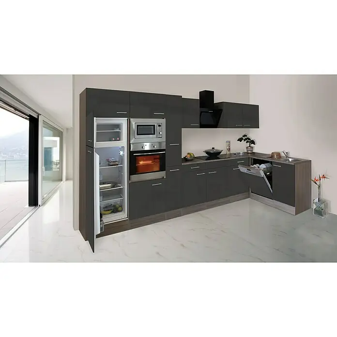Respekta Winkelküche KBL370EYGMISGKE - 172 x 370 cm, Grau Seidenglanz