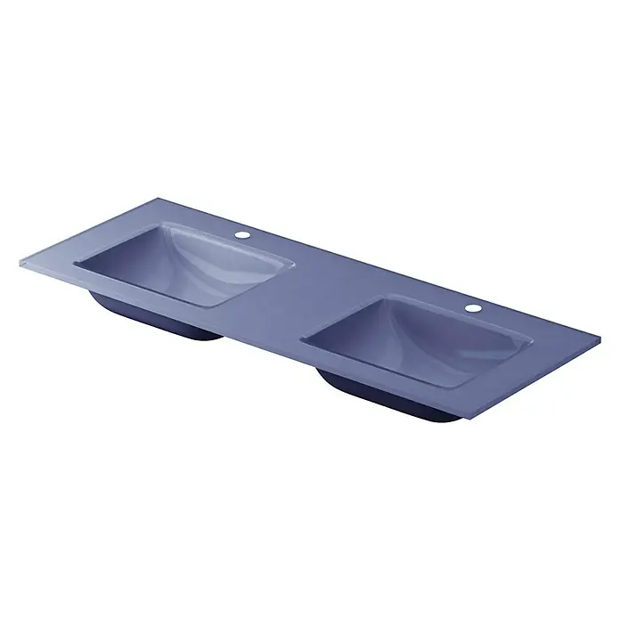 Lavabo doble Cristal - 121 x 46 cm, Orificios para grifo: Medio, Azul oscuro, Vidrio - Vista angular