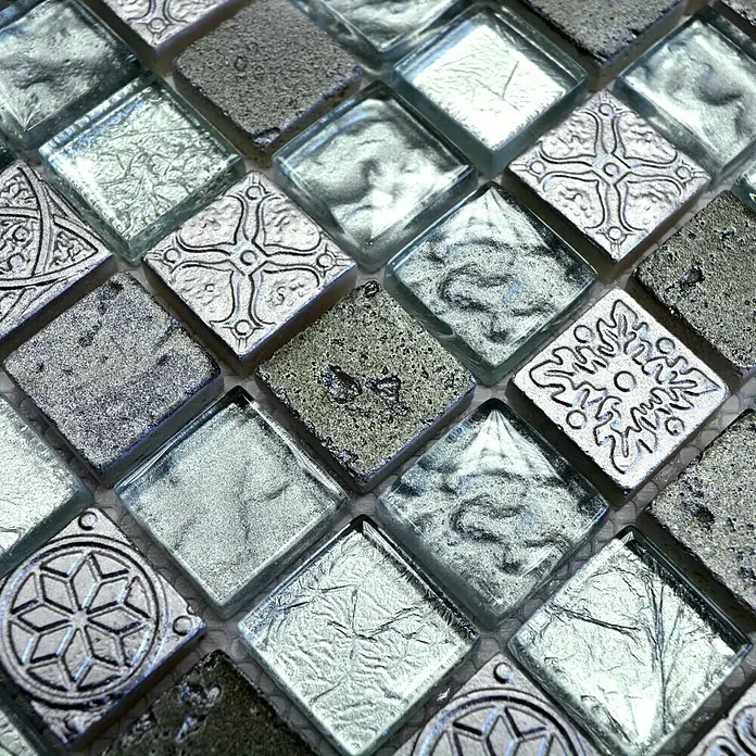 Mosaikfliese Quadrat Crystal Mix XCM CB 33 - 30 x 30 cm, Silber, Glänzend - Detailaufnahme