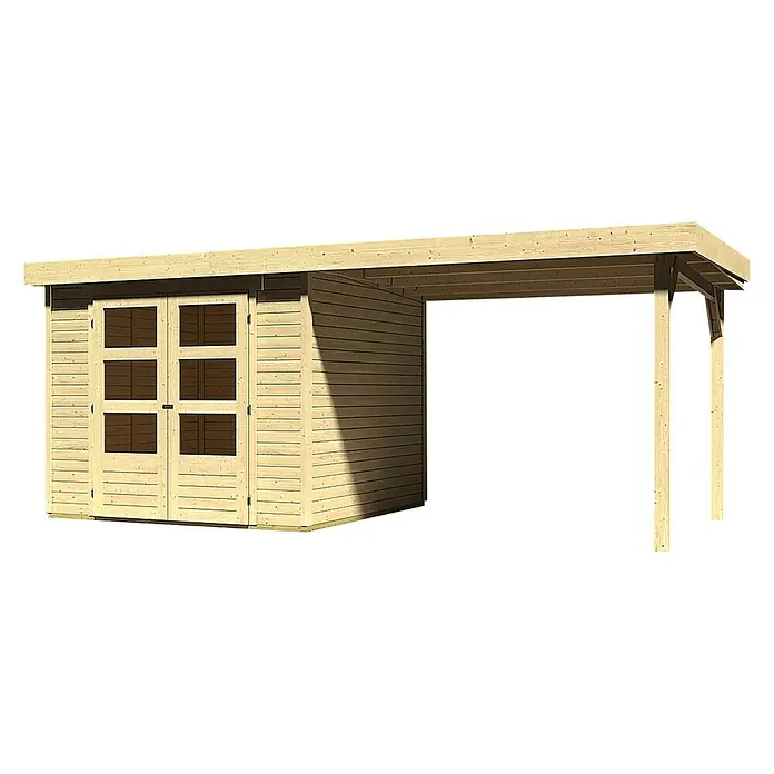Karibu Gartenhaus Askola - L x B: 242 x 497 cm, Wandstärke: 19 mm, Flachdach, Natur, Mit Anbau - Linke Seitenansicht