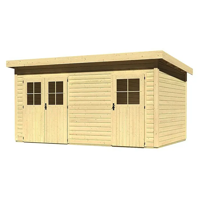 Karibu Gartenhaus Mattrup - 303 x 456 cm, Wandstärke: 28 mm, Flachdach, Natur - Linke Seitenansicht