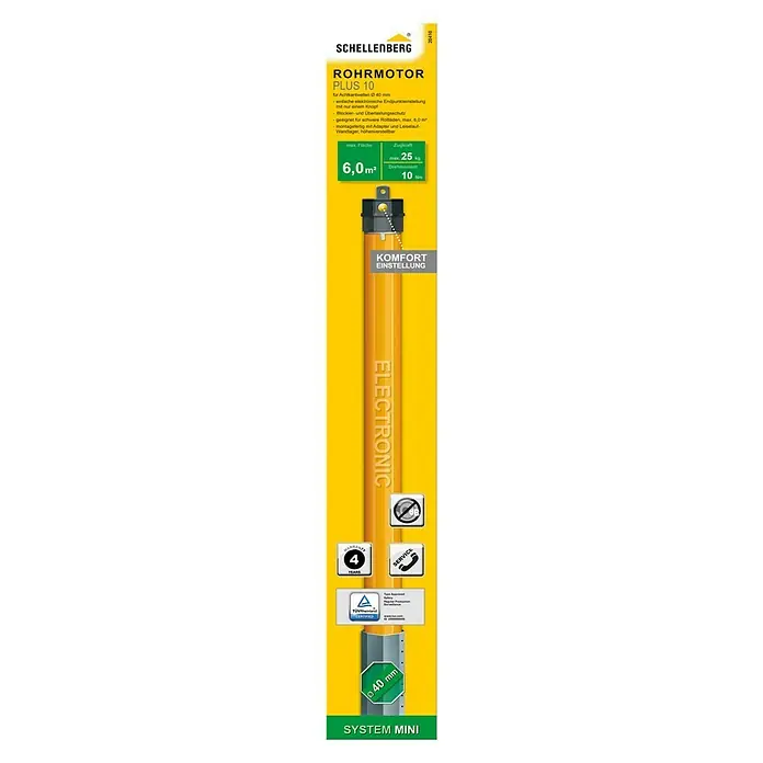 Schellenberg Rohrmotor Mini Plus 10 - Max. Rollladenfläche: 6 m² bei Kunststoffrollläden, Einbaulänge: 570 mm, Zugkraft: 25 kg - Vorderansicht