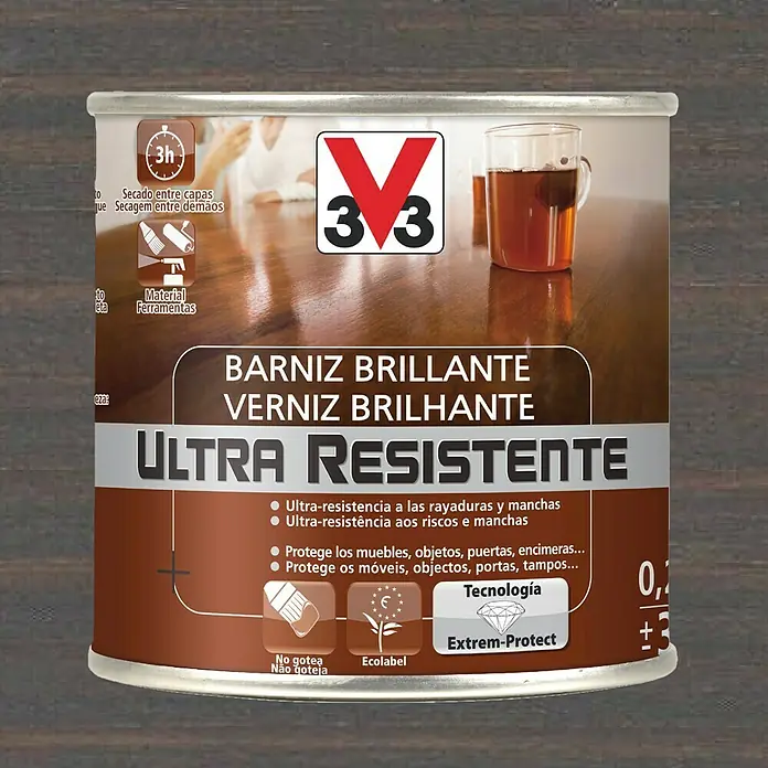V33 Barniz para madera Brillante Ultra Resistente - Wengué, Brillante, 250 ml