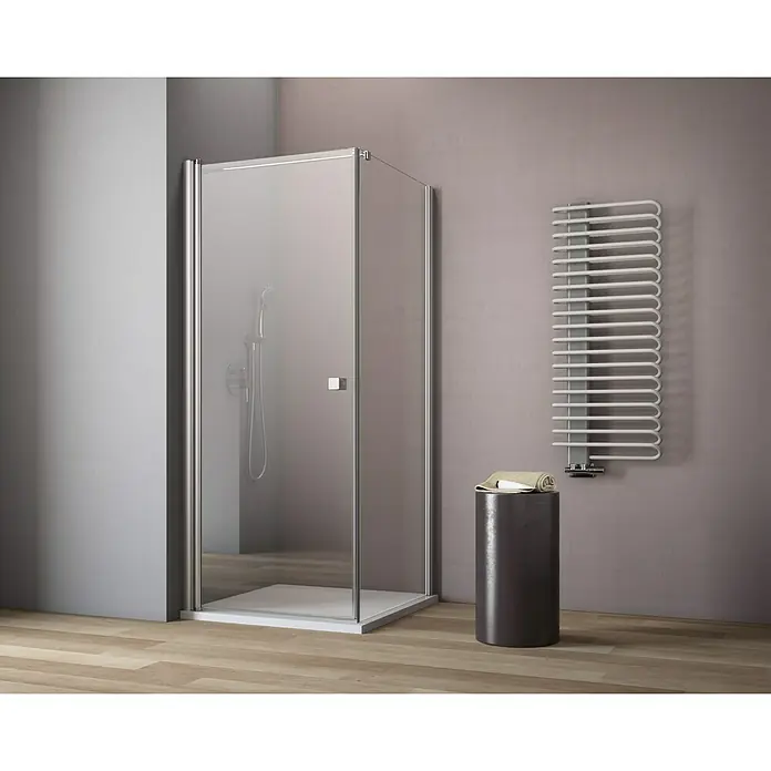 GEO Hit Eckdusche B-F100 - 90 x 100 x 202,2 cm, Unbeschichtet, DIN Anschlag: Links, Stärke: 6 mm, Silber - Vorderansicht
