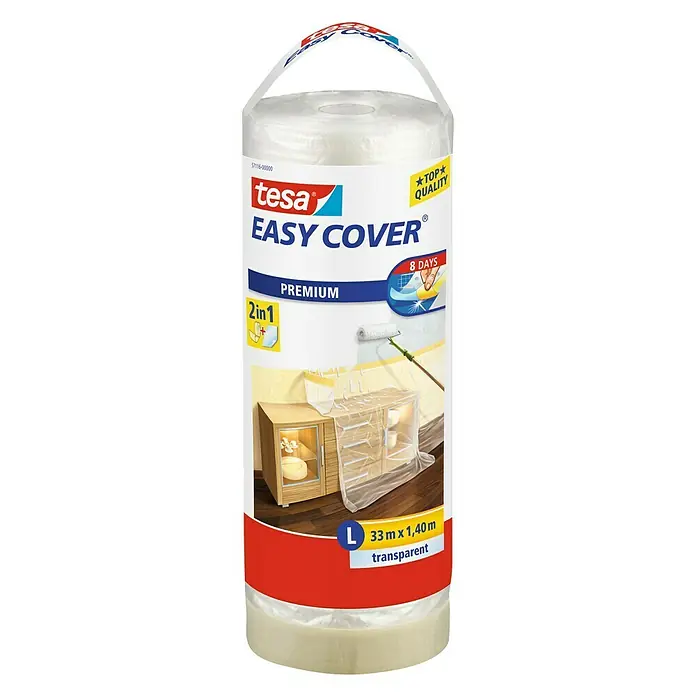 Tesa Easy Cover Premium Abdeckfolie - Ersatzrolle, 1,4 x 33 m, L, Einseitiger Kreppkleberand - Vorderansicht