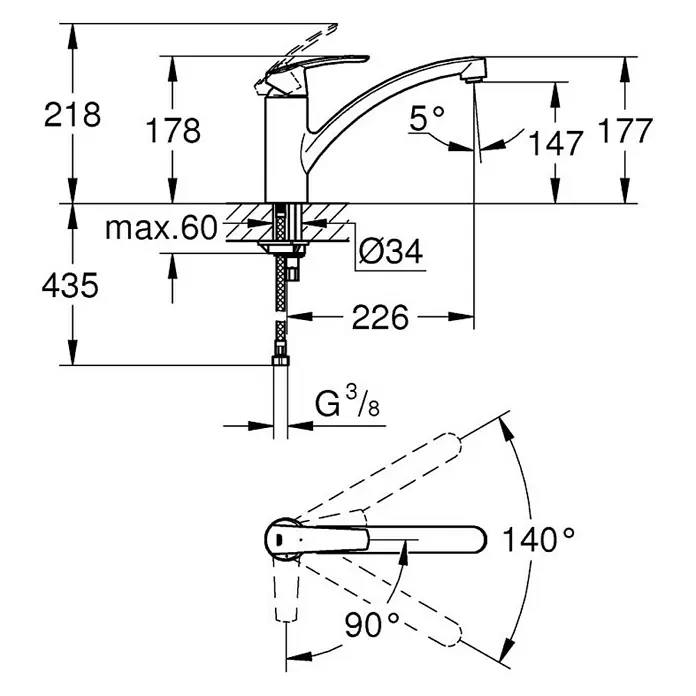Grohe Grifo de cocina Start - Cromo, Brillante, Caño horizontal