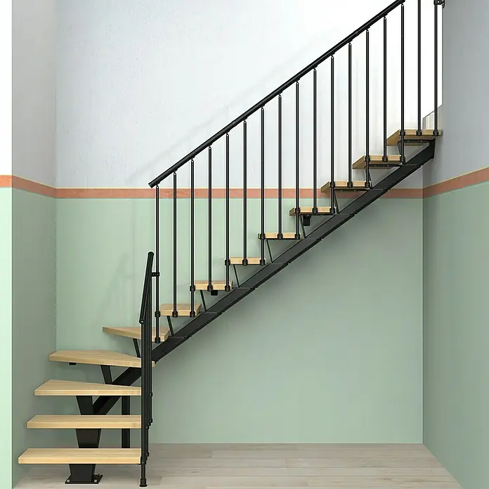 Fontanot Mittelholmtreppe Mas 030 - Breite: 75 cm, Schwarz, 1/4-gewendelt, Farbe Stufen: Buche Natur, Geschosshöhe: 186 cm - 286 cm - Stimmungsaufnahme
