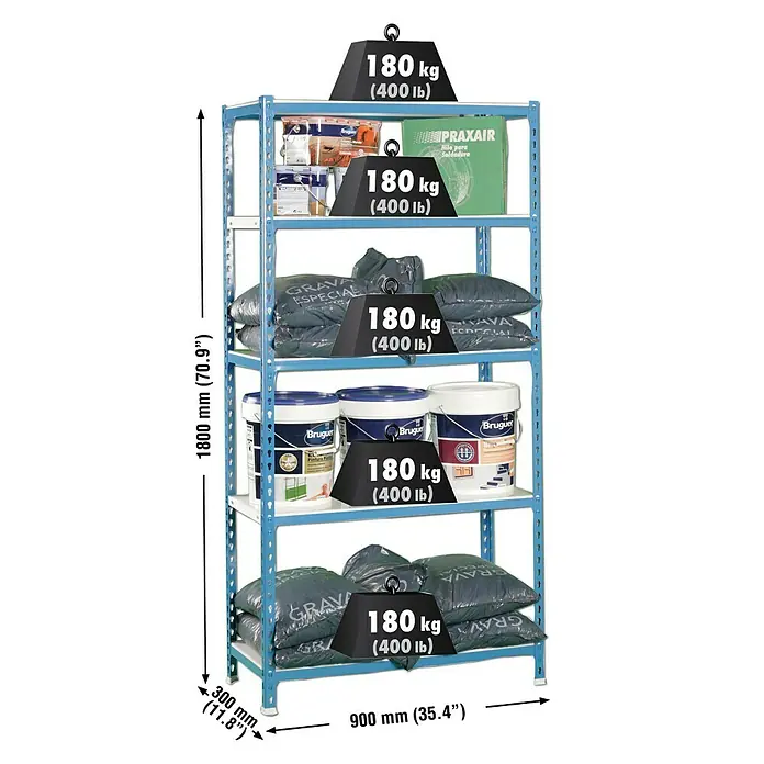 Simonrack Simonclick Estantería metálica - L x An x Al: 30 x 90 x 180 cm, Capacidad de carga: 180 kg/balda, Número de baldas: 5 ud., Inserción, Azul/Blanco