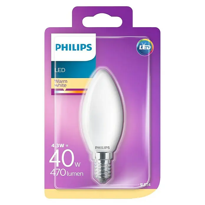 Philips Bombilla LED Vela - 4,3 W, E14, Color de luz: Blanco cálido, Vela