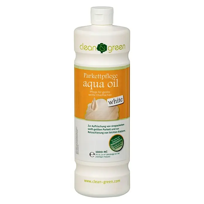 Clean & Green Parkettpflege Aqua Oil White - 1 l, Geeignet für: Weiß geöltes Parkett - Vorderansicht