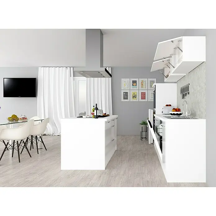 Respekta Premium Inselküche RP280IWWCBO - Breite: 280 cm, Mit Elektrogeräten, Weiß Hochglanz - Stimmungsaufnahme