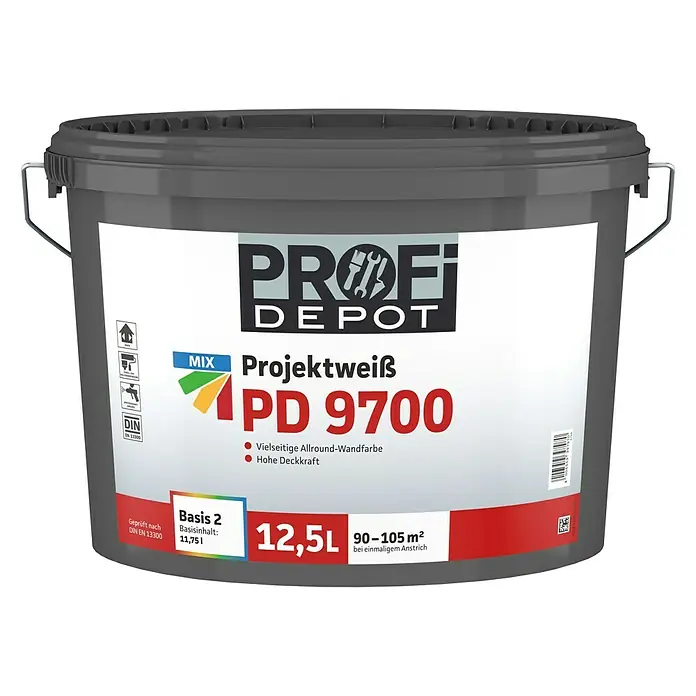 Profi Depot PD Wandfarbe Projektweiß PD 9700 - Basismischfarbe, 12,5 l, Stumpfmatt - Vorderansicht