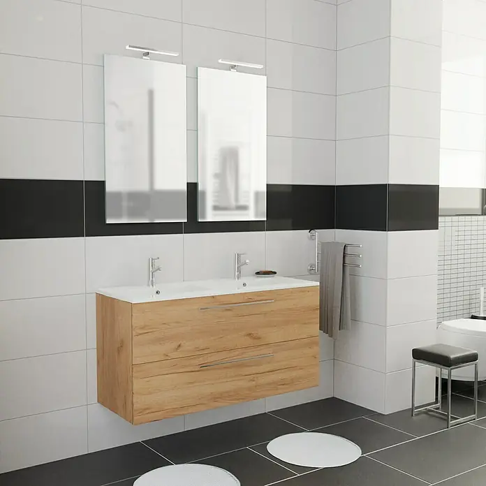 Camargue Espacio Kupaonski ormarić za nasadni umivaonik - 120 x 46 x 60 cm, 2 ladice, Doce - Elegantna kupaonica s modernim drvenim ormarićem s dvostrukim umivaonikom ispod dva pravokutna ogledala.