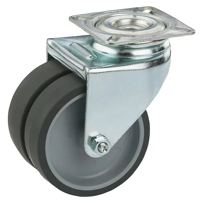 Dörner & Helmer Dubbel zwenkwiel voor apparaten - Diameter rol: 50 mm, Draagkracht: 80 kg, Glijlager, Met plaat - Zwenkwiel met dubbel, grijs loopvlak en verzinkt stalen beugel voor hoge belastbaarheid en eenvoudige manoeuvreerbaarheid.