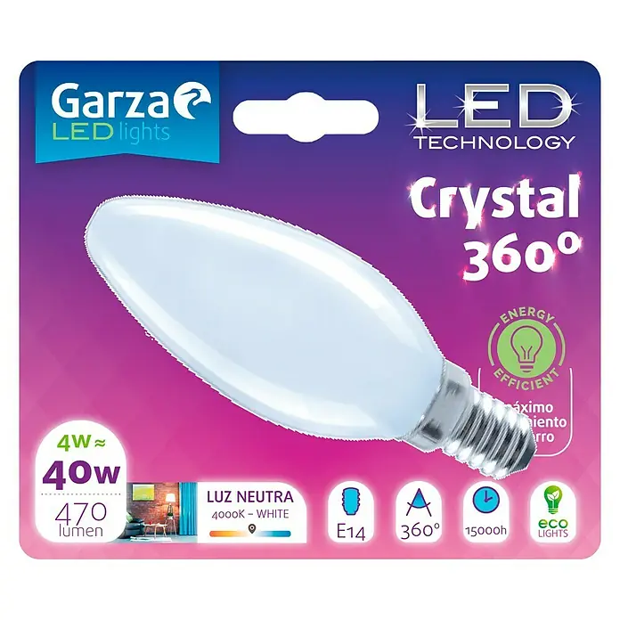 Garza Bombilla LED Crystal - 4 W, E14, Color de luz: Blanco neutro, No regulable, Vela