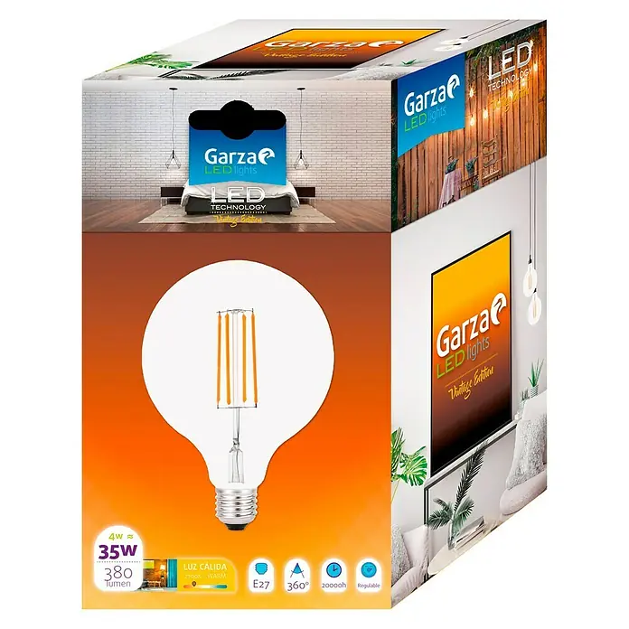 Garza Bombilla LED Vintage - E27, 4 W, Blanco cálido, 380 lm, Transparente