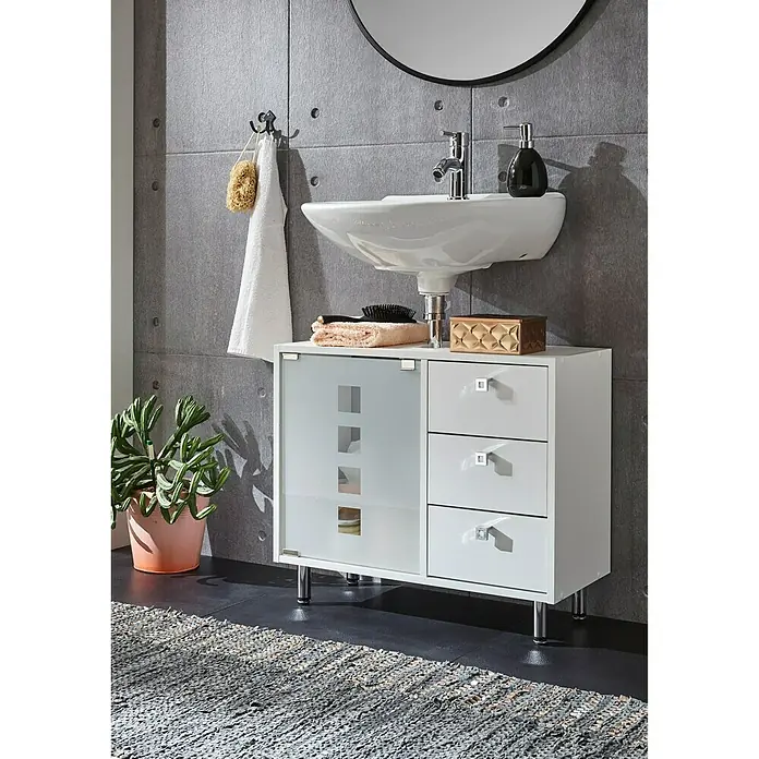 Riva Waschtischunterschrank Quadro - 67 x 29,5 x 58,5 cm, Weiß, Matt - Linke Seitenansicht