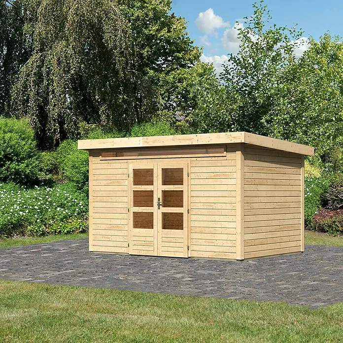Karibu Gartenhaus Kandern 7 - 364 x 244 cm, Wandstärke: 28 mm, Flachdach, Natur - Linke Seitenansicht
