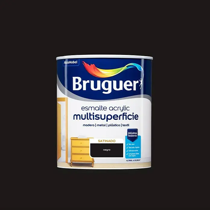 Bruguer Esmalte de color Acrylic Multisuperficie - Negro, 750 ml, Satinado