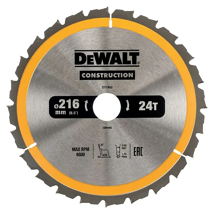 Dewalt List za kružnu pilu DT1952 - Promjer: 216 mm, 30 mm, 24 zupca - Pogled sprijeda