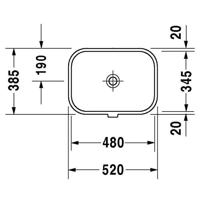 Duravit Happy D.2 Einbauwaschbecken - 52 x 38,5 cm, Mit schmutzabweisender Glasur, Hahnloch: Ohne, Mit Überlauf, Weiß - Skizze