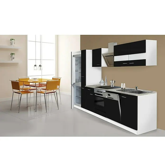 Respekta Küchenzeile KB310WSCGKE178 - Breite: 310 cm, Mit Elektrogeräten, Schwarz