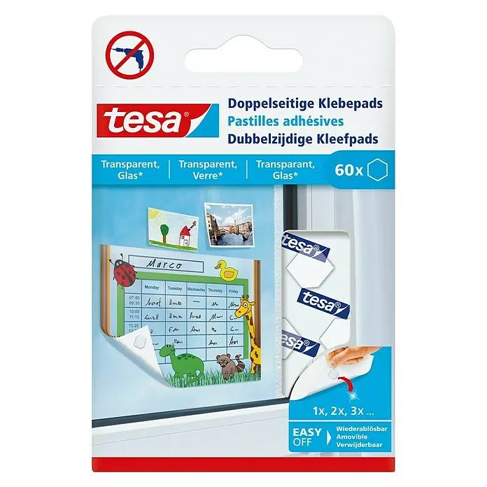 Tesa Doppelseitige Klebepads - Geeignet für: Glas, 60 Stk., Transparent - Vorderansicht