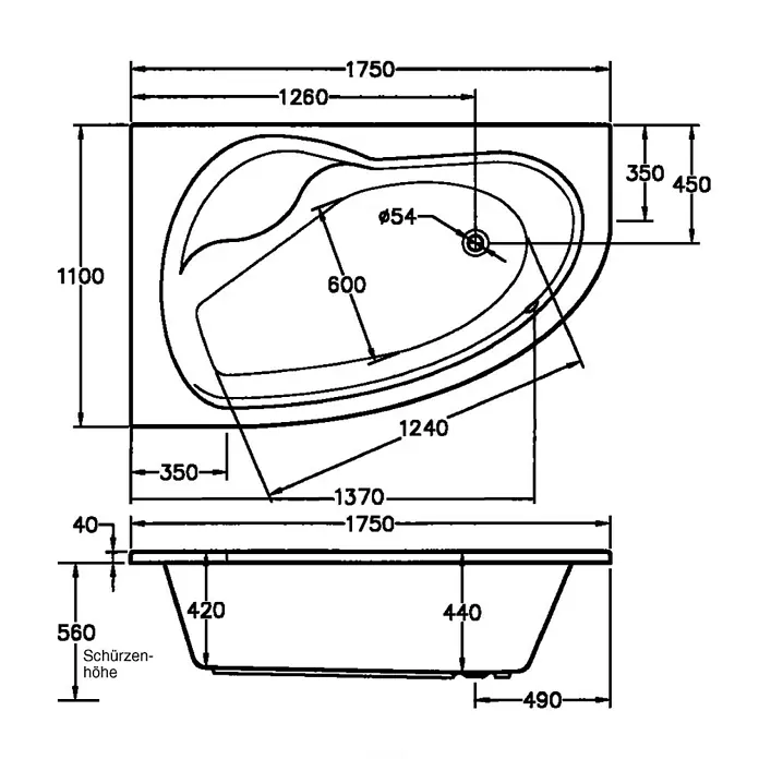 Ottofond Eckbadewanne Mauritius B - Linksseitig, 175 x 110 cm, Sanitäracryl, Weiß - Ansicht von oben
