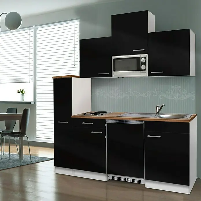 Respekta Singleküche KB180WSMI - Breite: 180 cm, Mit Duo-Kochmulde, Schwarz