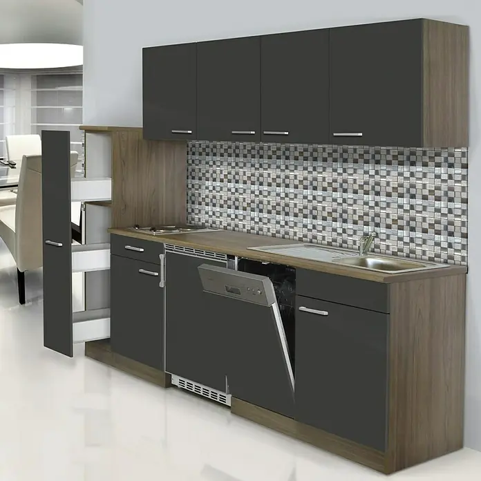 Respekta Küchenzeile KB225EYG - Breite: 225 cm, Mit Duo-Kochmulde, Grau - Stimmungsaufnahme