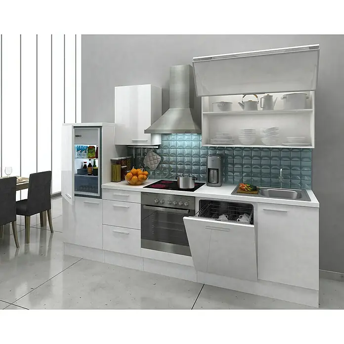 Respekta Küchenzeile Premium RP280WWC - L x B x H: 280 x 60 x 200 cm, Weiß, Weiß Hochglanz