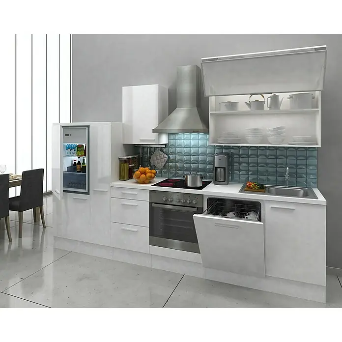 Respekta Küchenzeile Premium RP310WWC - L x B x H: 310 x 60 x 200 cm, Weiß, Weiß Hochglanz