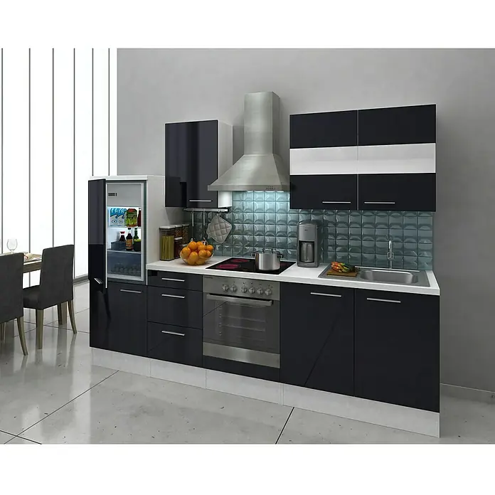 Respekta Küchenzeile Premium RP270WSC - L x B x H: 270 x 60 x 200 cm, Weiß, Schwarz Hochglanz