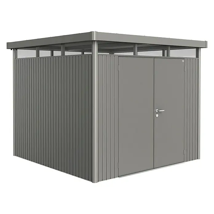 Biohort Gerätehaus HighLine H4 DT - Außenbreite inkl. Dachüberstand: 275 cm, Außentiefe inkl. Dachüberstand: 275 cm, Stahl, Quarzgrau Metallic, Doppeltür - Vorderansicht