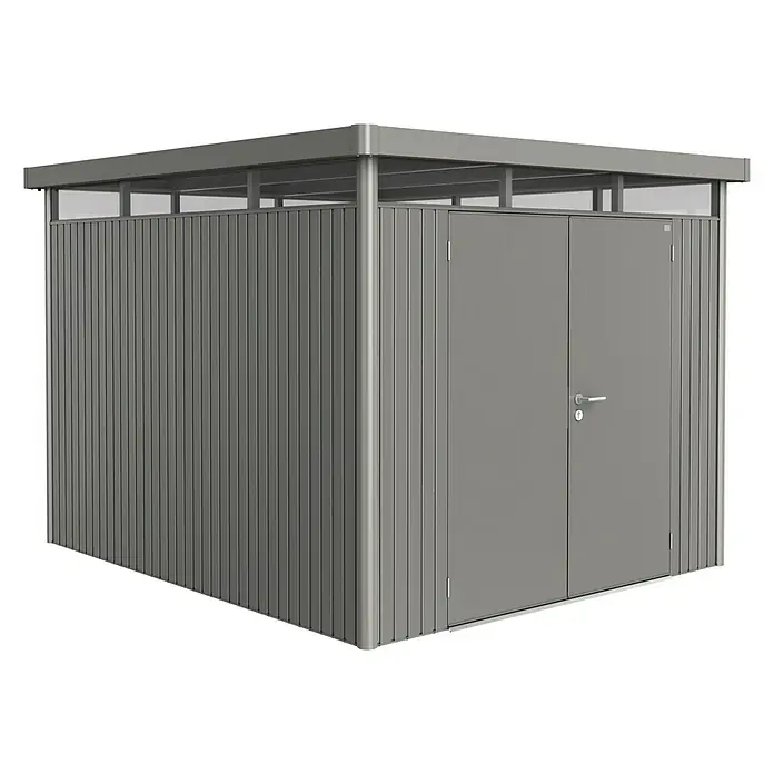 Biohort Gerätehaus HighLine H5 DT - Außenbreite inkl. Dachüberstand: 275 cm, Außentiefe inkl. Dachüberstand: 315 cm, Stahl, Quarzgrau Metallic, Doppeltür - Vorderansicht
