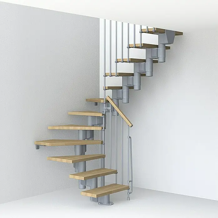 Fontanot Arké Mittelholmtreppe Kompact 89 - Breite: 89 cm, Grau Metallic, 2/4-gewendelt, Farbe Stufen: Buche Hell, Geschosshöhe: 225 cm - 303 cm - Vorderansicht